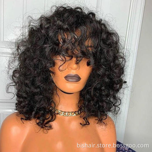 Wholesale Rose Curly Human Hair Wig With Bangs Full Machine Made Deep Wave Short Bob For Women Water Virgin Brazilian Pixie Cut